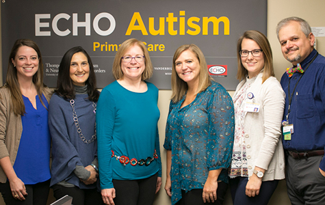 Pictured top of page: The interdisciplinary Vanderbilt ECHO Autism team of specialists shares expertise with primary care clinicians through case-based learning. Pictured left to right: Bethany Drury, MS; Nina Harris, MS; Beth Malow, MD; Whitney Loring, PsyD; Andrea Huxtable, RD; and Quentin Humberd, MD.