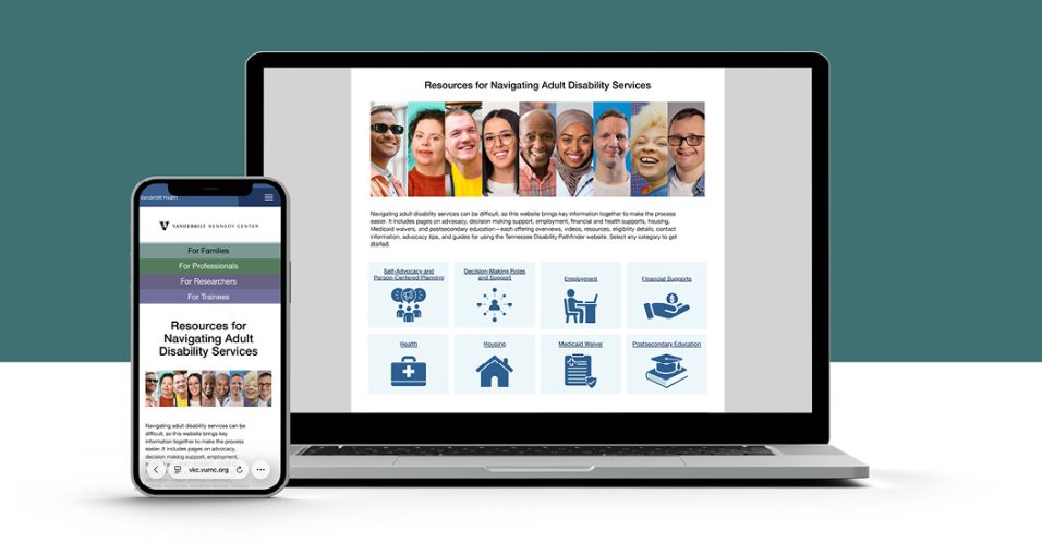 for Navigating Adult Disability Services,’ featuring a banner of diverse faces and a grid of service icons.