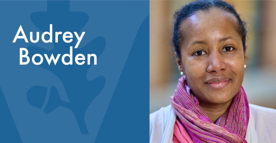 Graphic layout with a portrait photo on the right and a blue panel on the left displaying large white text that reads ‘Audrey Bowden.’