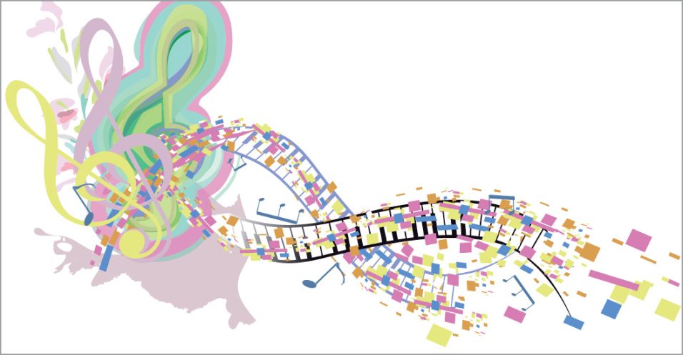 Colorful abstract music notes and staff.
