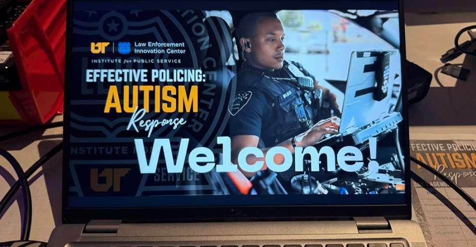 Laptop displaying the welcome screen for Effective Policing: Autism Response training.